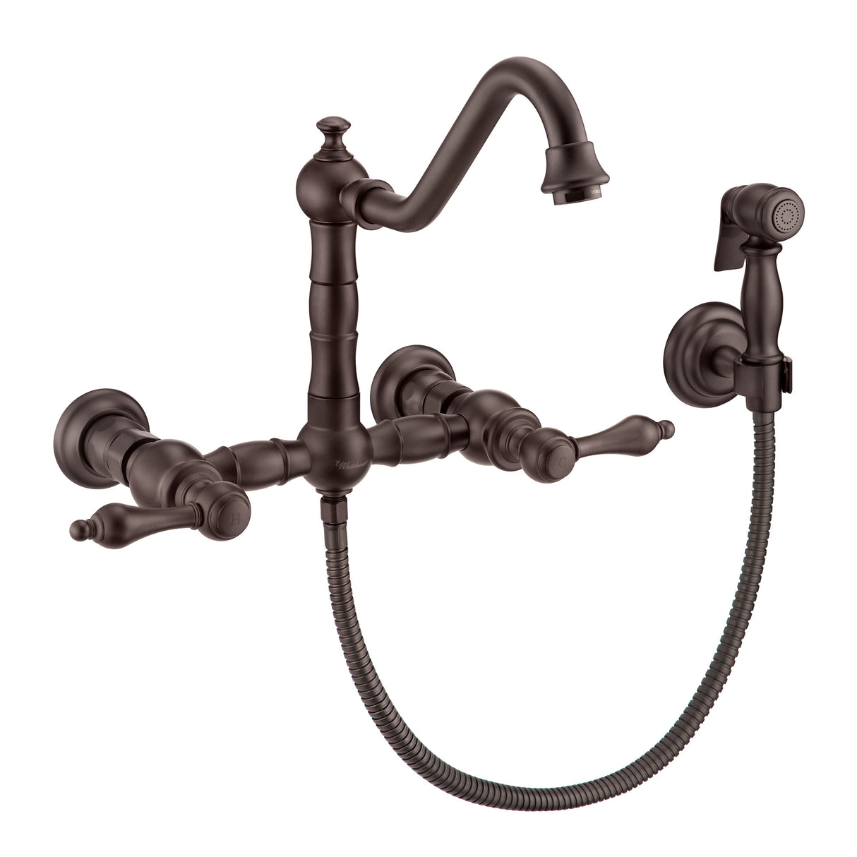 Vintage III Plus Wall Mount Faucet with a  Long Traditional Swivel Spout, Lever Handles and Solid Brass Side Spray