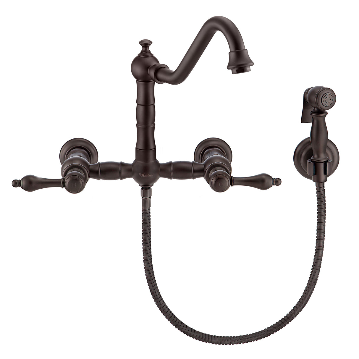 Vintage III Plus Wall Mount Faucet with a  Long Traditional Swivel Spout, Lever Handles and Solid Brass Side Spray