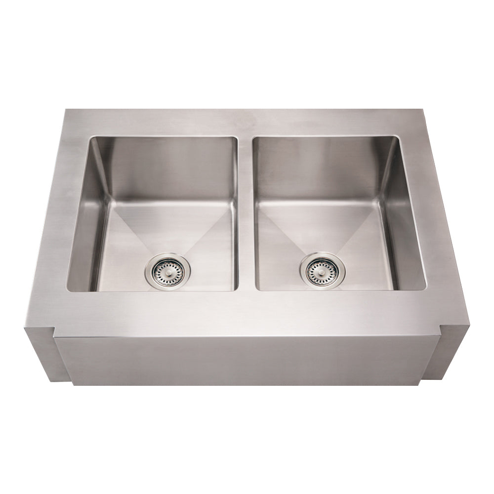 Noah's Collection Brushed Stainless Steel Commercial Double Bowl Sink with a Decorative Notched Front Apron