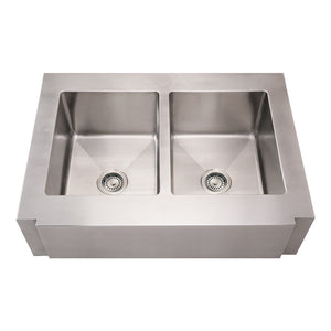 Noah's Collection Brushed Stainless Steel Commercial Double Bowl Sink with a Decorative Notched Front Apron