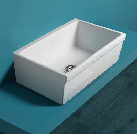 Glencove Fireclay 30" Reversible Sink with Elegant Beveled Front Apron on one side  Decorative 2" Lip Plain on Opposite Side