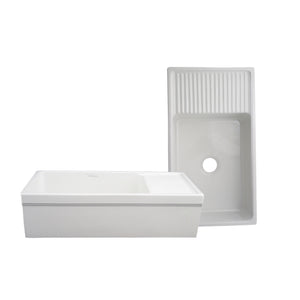 Farmhaus Fireclay Quatro Alcove Large Reversible Sink with Integral Drainboard and Decorative 2 ½