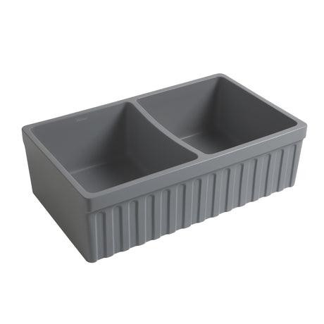 Farmhaus Quatro Alcove Reversible Matte Double Bowl  Fireclay Kitchen Sink with Fluted  2" Lip Front Apron on one Side and a 2 ½" Lip Plain on the Opposite Side