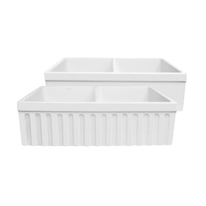 Farmhaus Quatro Alcove Reversible Matte Double Bowl  Fireclay Kitchen Sink with Fluted  2" Lip Front Apron on one Side and a 2 ½" Lip Plain on the Opposite Side