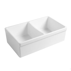Farmhaus Quatro Alcove Reversible Matte Double Bowl  Fireclay Kitchen Sink with Fluted  2" Lip Front Apron on one Side and a 2 ½" Lip Plain on the Opposite Side