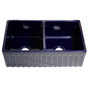 Farmhaus Fireclay Quatro Alcove Reversible Double Bowl Sink with a Fluted Front Apron and 2" Lip on One Side and 2 ½" Lip on the Opposite Side