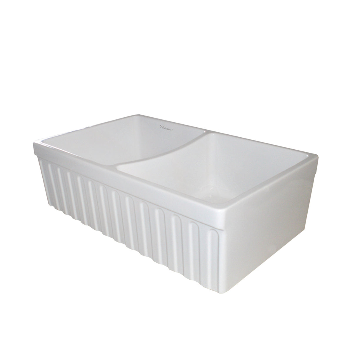 Farmhaus Fireclay Quatro Alcove Reversible Double Bowl Sink with a Fluted Front Apron and 2" Lip on One Side and 2 ½" Lip on the Opposite Side