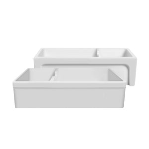 Glencove Fireclay 42" Large Double Bowl  Reversible Sink with an Elegant Beveled Front Apron on One Side and a Decorative Lip on the Opposite Side