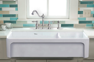 Glencove Fireclay 42" Large Double Bowl  Reversible Sink with an Elegant Beveled Front Apron on One Side and a Decorative Lip on the Opposite Side