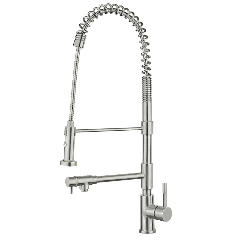 Waterhaus Lead Free, Solid Stainless Steel Commerical Single-Hole Faucet with Flexible Pull Down Spray Head, Swivel Support Bar & 2 Control Levers