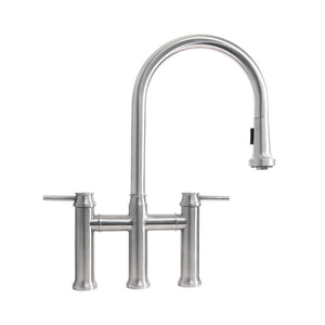 Waterhaus Lead-Free Solid Stainless Steel Bridge Faucet with a Gooseneck Swivel Spout, Pull Down Spray Head and Solid Lever Handles