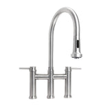Waterhaus Lead-Free Solid Stainless Steel Bridge Faucet with a Gooseneck Swivel Spout, Pull Down Spray Head and Solid Lever Handles