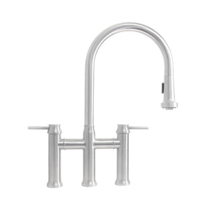 Waterhaus Lead-Free Solid Stainless Steel Bridge Faucet with a Gooseneck Swivel Spout, Pull Down Spray Head and Solid Lever Handles