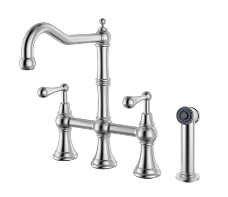 Waterhaus Lead-Free Solid Stainless Steel Bridge Faucet with a Traditional Spout, Lever Handles and Side Spray