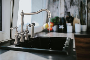 Waterhaus Lead-Free Solid Stainless Steel Bridge Faucet with a Traditional Spout, Lever Handles and Side Spray