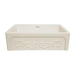 Glencove St. Ives 33" Front Apron Fireclay Sink with an Intricate Vine Design on one side and an Elegant Plain Beveled Front Apron on the Opposite Side