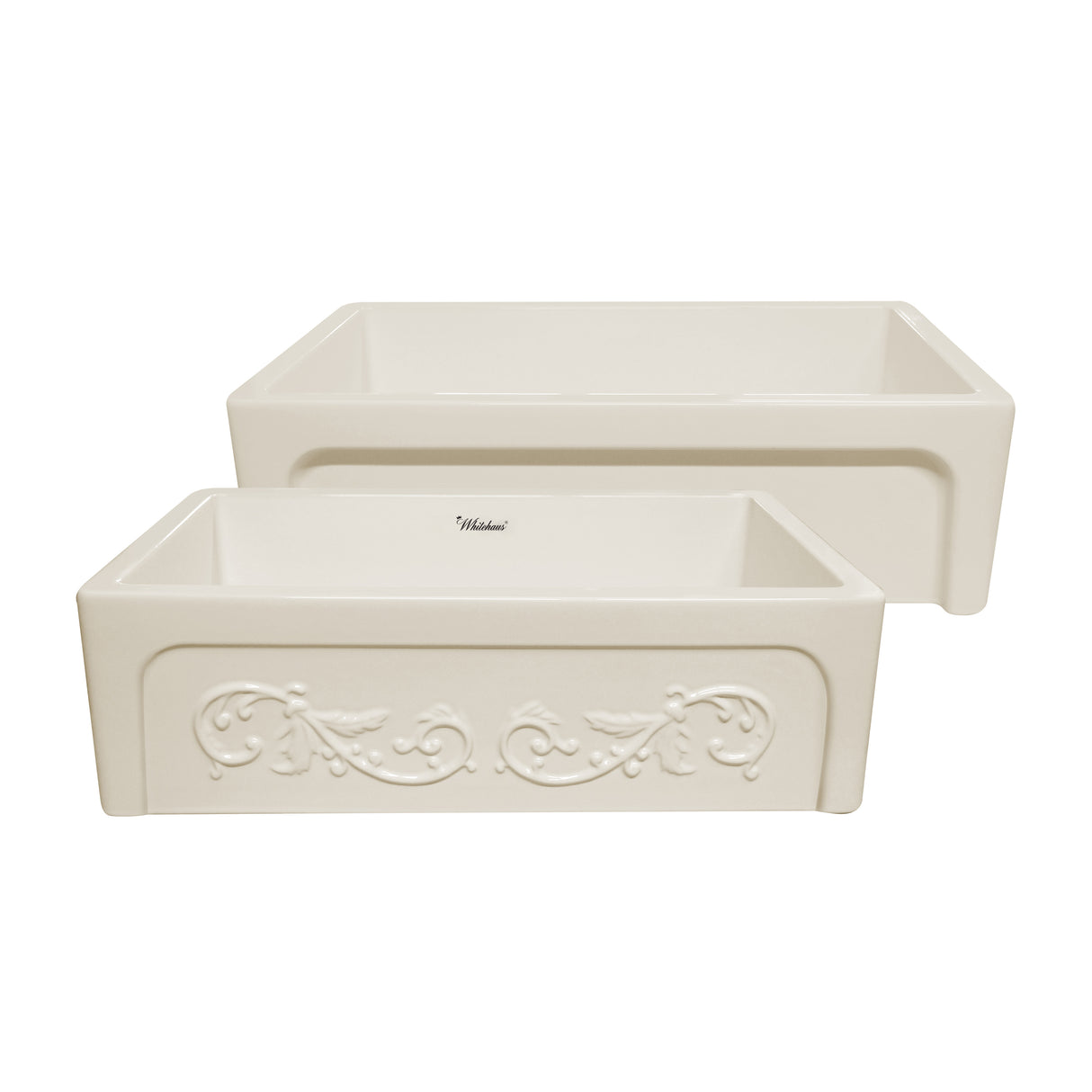 Glencove St. Ives 33" Front Apron Fireclay Sink with an Intricate Vine Design on one side and an Elegant Plain Beveled Front Apron on the Opposite Side