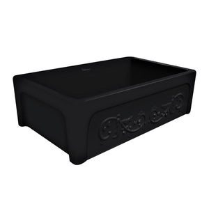 Glencove St. Ives 33" Front Apron Fireclay Sink with an Intricate Vine Design on one side and an Elegant Plain Beveled Front Apron on the Opposite Side