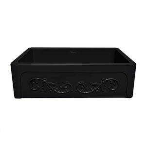 Glencove St. Ives 33" Front Apron Fireclay Sink with an Intricate Vine Design on one side and an Elegant Plain Beveled Front Apron on the Opposite Side