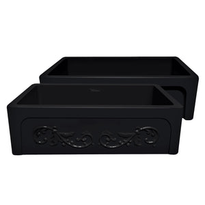 Glencove St. Ives 33" Front Apron Fireclay Sink with an Intricate Vine Design on one side and an Elegant Plain Beveled Front Apron on the Opposite Side