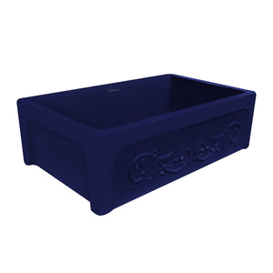 Glencove St. Ives 33" Front Apron Fireclay Sink with an Intricate Vine Design on one side and an Elegant Plain Beveled Front Apron on the Opposite Side