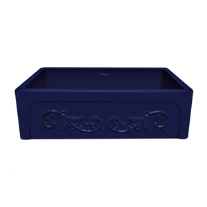 Glencove St. Ives 33" Front Apron Fireclay Sink with an Intricate Vine Design on one side and an Elegant Plain Beveled Front Apron on the Opposite Side
