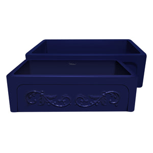 Glencove St. Ives 33" Front Apron Fireclay Sink with an Intricate Vine Design on one side and an Elegant Plain Beveled Front Apron on the Opposite Side
