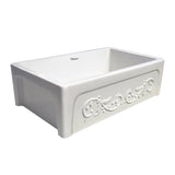 Glencove St. Ives 33" Front Apron Fireclay Sink with an Intricate Vine Design on one side and an Elegant Plain Beveled Front Apron on the Opposite Side