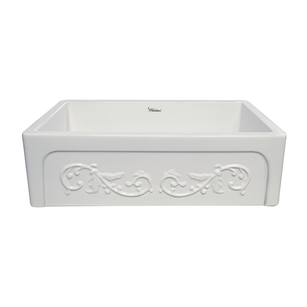 Glencove St. Ives 33" Front Apron Fireclay Sink with an Intricate Vine Design on one side and an Elegant Plain Beveled Front Apron on the Opposite Side