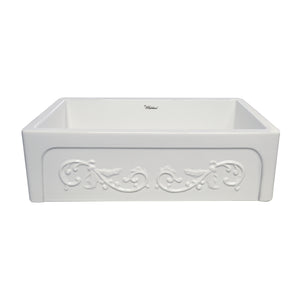 Glencove St. Ives 33" Front Apron Fireclay Sink with an Intricate Vine Design on one side and an Elegant Plain Beveled Front Apron on the Opposite Side