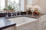 Glencove St. Ives 33" Front Apron Fireclay Sink with an Intricate Vine Design on one side and an Elegant Plain Beveled Front Apron on the Opposite Side