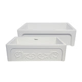 Glencove St. Ives 33" Front Apron Fireclay Sink with an Intricate Vine Design on one side and an Elegant Plain Beveled Front Apron on the Opposite Side