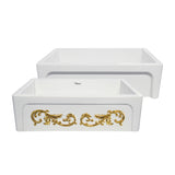 St. Ives Ornamental 33" Reversible Fireclay Kitchen Sink with  Intricate Embossed Vine Design Front Apron on one side and an Elegant Beveled Front Apron on the Opposite Side
