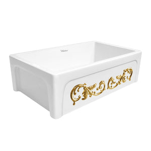 St. Ives Ornamental 33" Reversible Fireclay Kitchen Sink with  Intricate Embossed Vine Design Front Apron on one side and an Elegant Beveled Front Apron on the Opposite Side