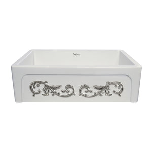 St. Ives Ornamental 33" Reversible Fireclay Kitchen Sink with  Intricate Embossed Vine Design Front Apron on one side and an Elegant Beveled Front Apron on the Opposite Side