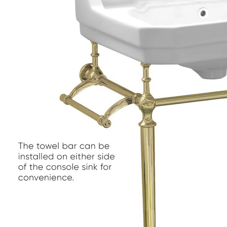 Victoriahaus console with integrated rectangular bowl with single hole drill, Polished Brass leg support, interchangable towel bar, backsplash and overflow