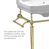 Victoriahaus console with integrated rectangular bowl with widespread hole drill, Polished Brass leg support, interchangable towel bar, backsplash and overflow