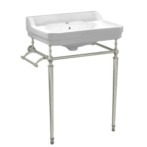 Victoriahaus console with integrated rectangular bowl with single hole drill, Brushed Nickel leg support, interchangable towel bar, backsplash and overflow