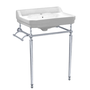 Victoriahaus rectangular basin china console with single hole faucet drill,  polished chrome leg supports with towel bar, backsplash, and overflow