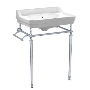 Victoriahaus rectangular basin china console with single hole faucet drill,  polished chrome leg supports with towel bar, backsplash, and overflow