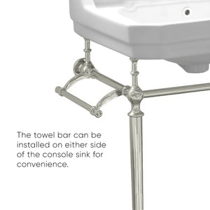 Victoriahaus console with integrated rectangular bowl with widespread hole drill, Polished Nickel leg support, interchangable towel bar, backsplash and overflow