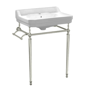Victoriahaus console with integrated rectangular bowl with single hole drill, Polished Nickel leg support, interchangable towel bar, backsplash and overflow