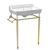 Victoriahaus console with integrated rectangular bowl with widespread hole drill, Polished Brass leg support, interchangable towel bar, backsplash and overflow