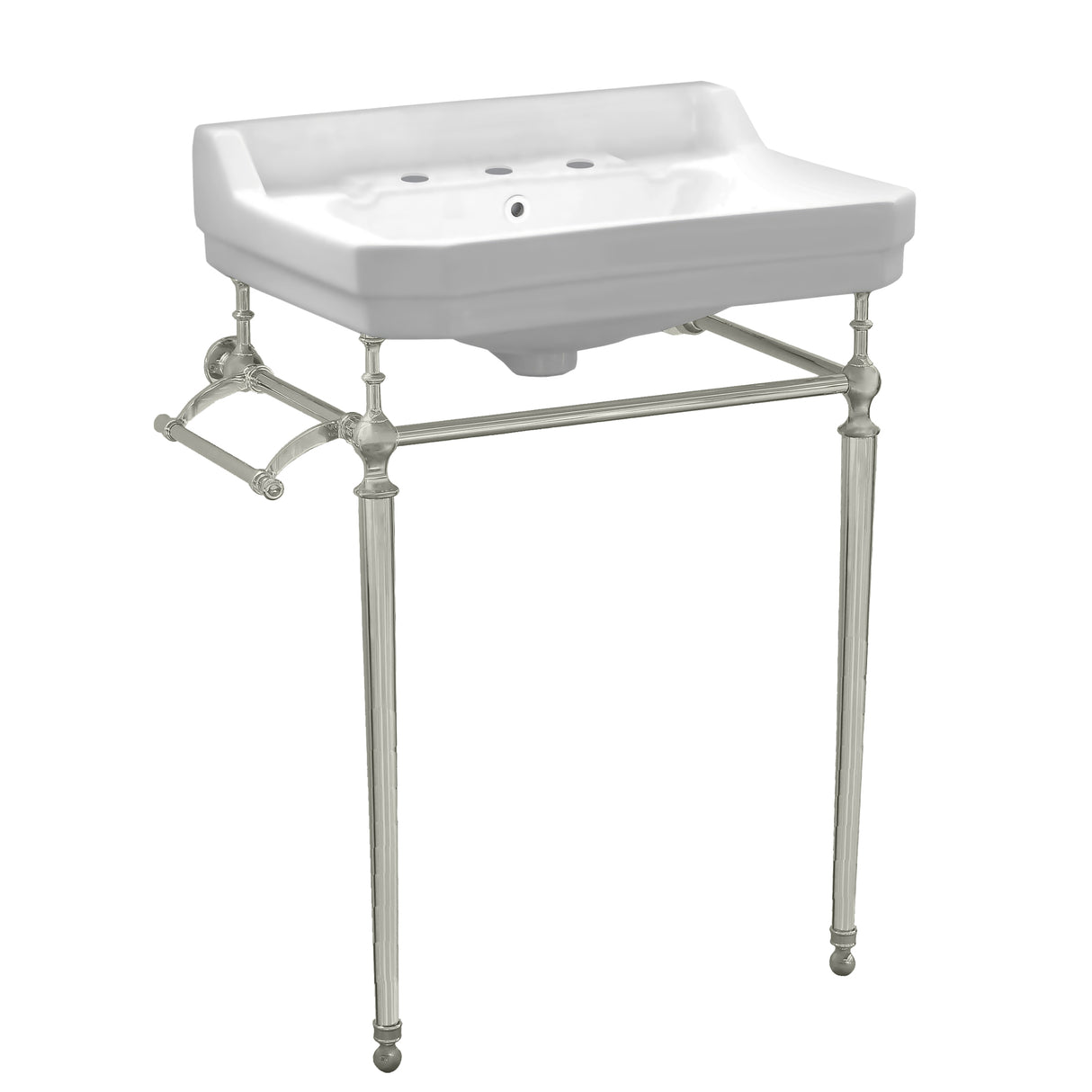 Victoriahaus console with integrated rectangular bowl with widespread hole drill, Brushed Nickel leg support, interchangable towel bar, backsplash and overflow