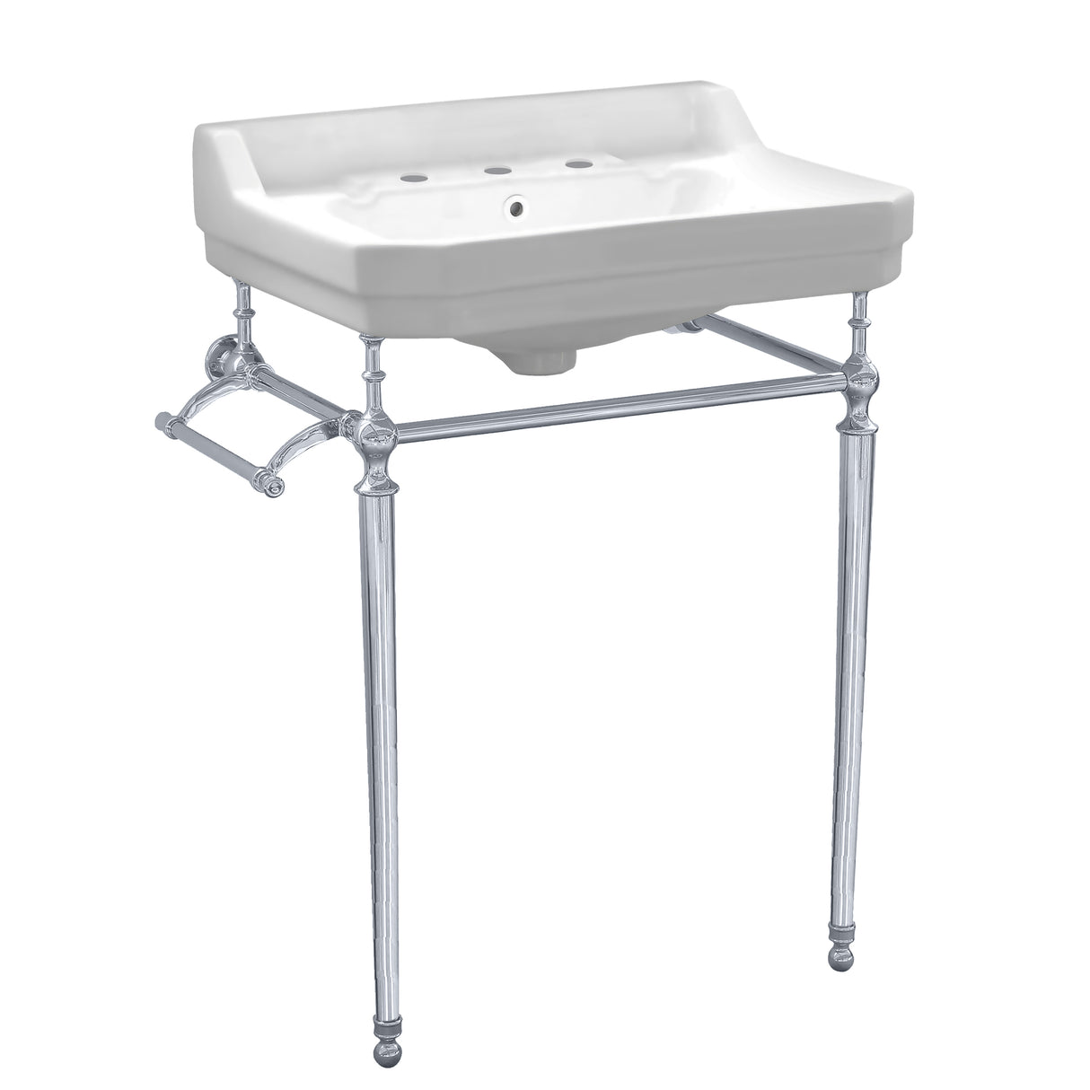 Victoriahaus console with integrated rectangular bowl with widespread hole drill, polished chrome leg support, interchangable towel bar, backsplash and overflow