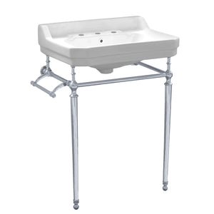 Victoriahaus console with integrated rectangular bowl with widespread hole drill, polished chrome leg support, interchangable towel bar, backsplash and overflow