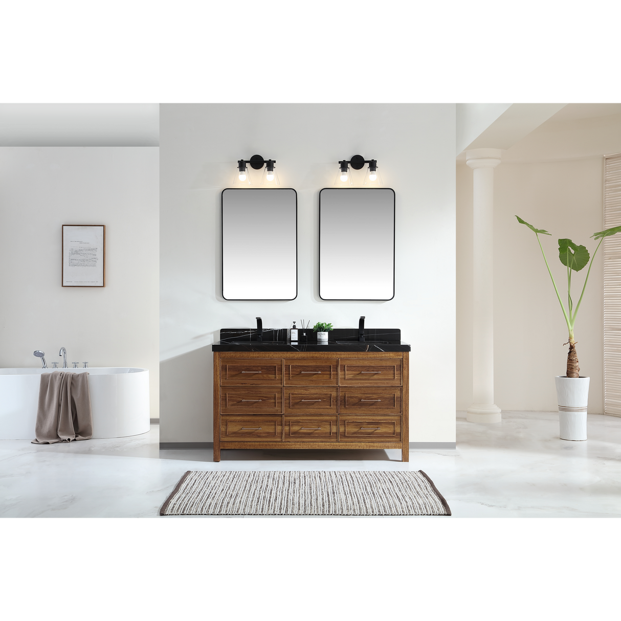Legion Furniture 60" EBONY DOUBLE SINK VANITY LIGHT FINISH WITH WK-60D TOP 2" THICK BLACK NATURAL TOP WK2428-60D-EW-WITH BLACK NATURAL TOP