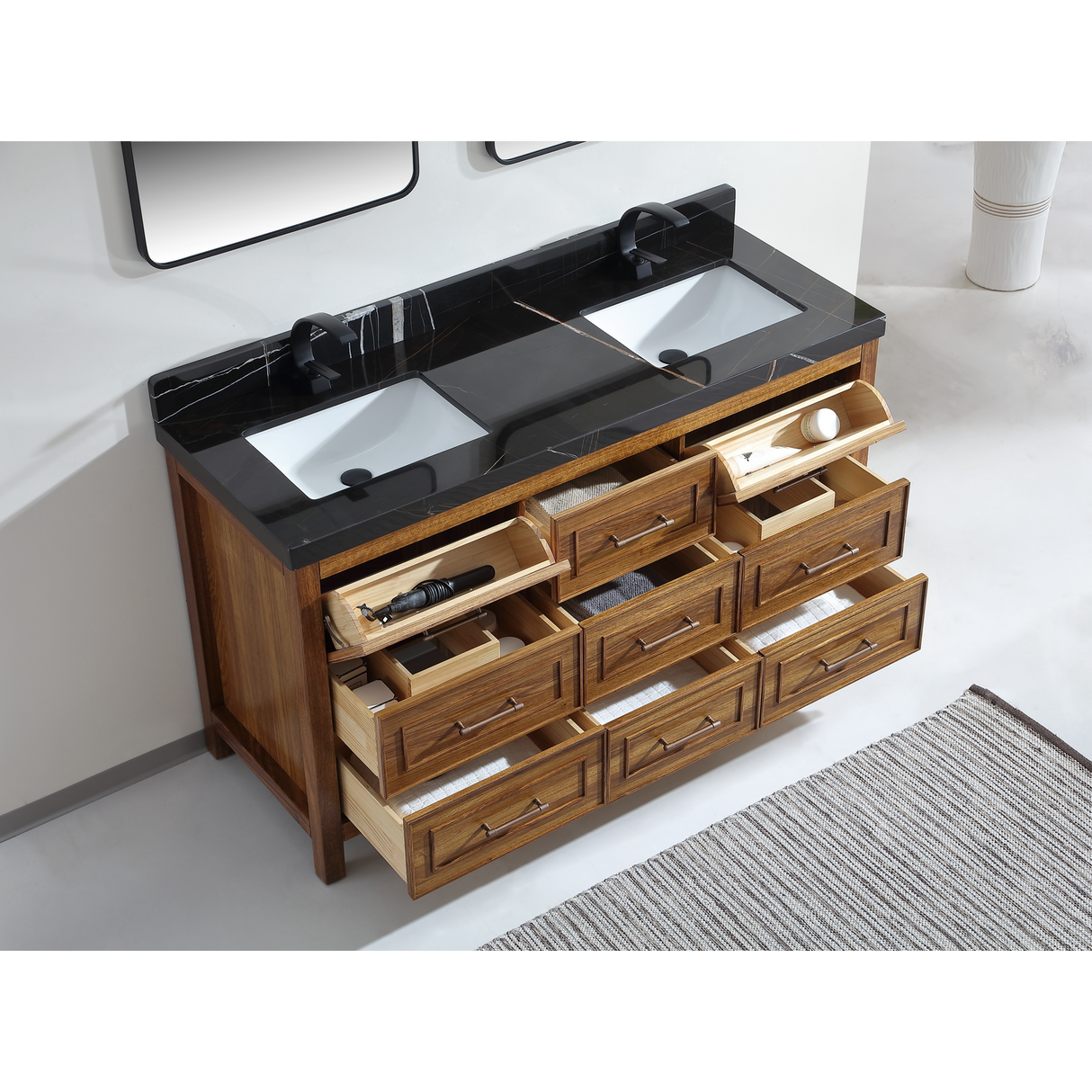 Legion Furniture 60" EBONY DOUBLE SINK VANITY LIGHT FINISH WITH WK-60D TOP 2" THICK BLACK NATURAL TOP WK2428-60D-EW-WITH BLACK NATURAL TOP