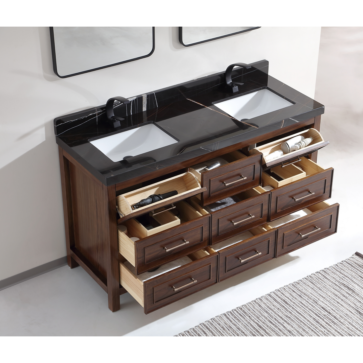 Legion Furniture 60" EBONY DOUBLE SINK VANITY DARK FINISH WITH WK-60D TOP 2" THICK BLACK NATURAL TOP WK2428-60D-EB-WITH BLACK NATURAL TOP