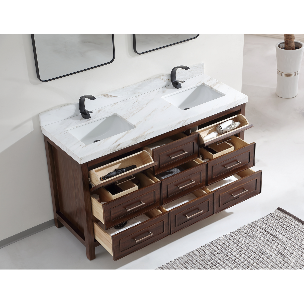 Legion Furniture 60" EBONY DOUBLE SINK VANITY DARK FINISH WITH WK-60D TOP 2" THICK WHITE NATURAL TOP WK2428-60D-EB-WITH WHITE NATURAL TOP